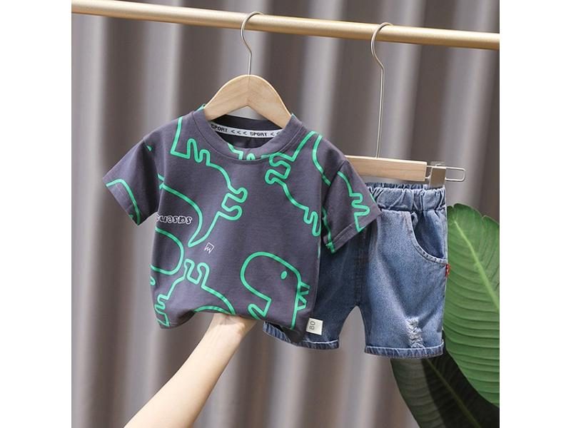 Boys Clothes Summer Fashion Crew Neck Children Tracksuit Dinosaur T-shirt Denim Carousel 1