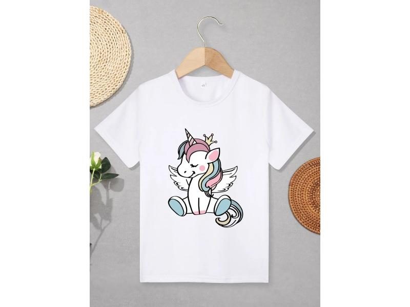 Unicorn Print Girls Creative T-shirt Casual Lightweight Comfy Tee Tops Kids Carousel 1