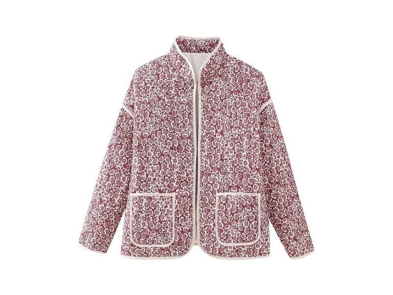 TRAFZA Women's Flower Print Coat Quilted Reversible Long Sleeve Open Front Two Carousel 1