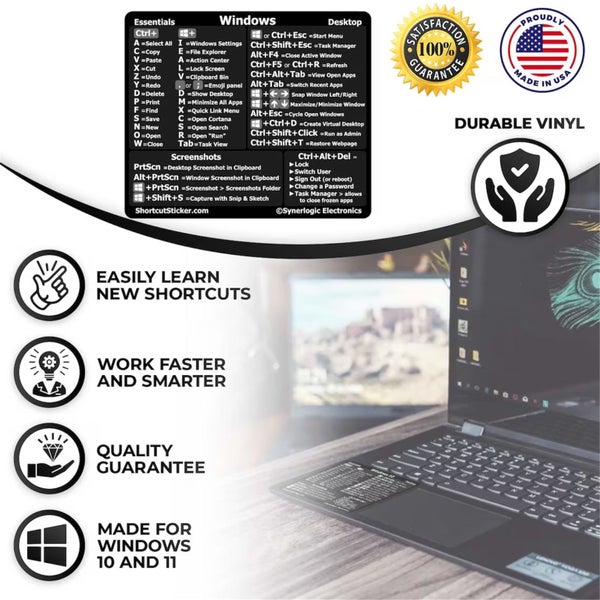 Windows PC/Laptop Reference Keyboard Shortcut Sticker - Black, No-Residue Carousel 2