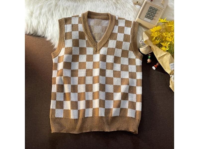 Men's V-neck Loose Plaid Knitting Jumpers For Students Harajuku Korean Preppy Carousel 1