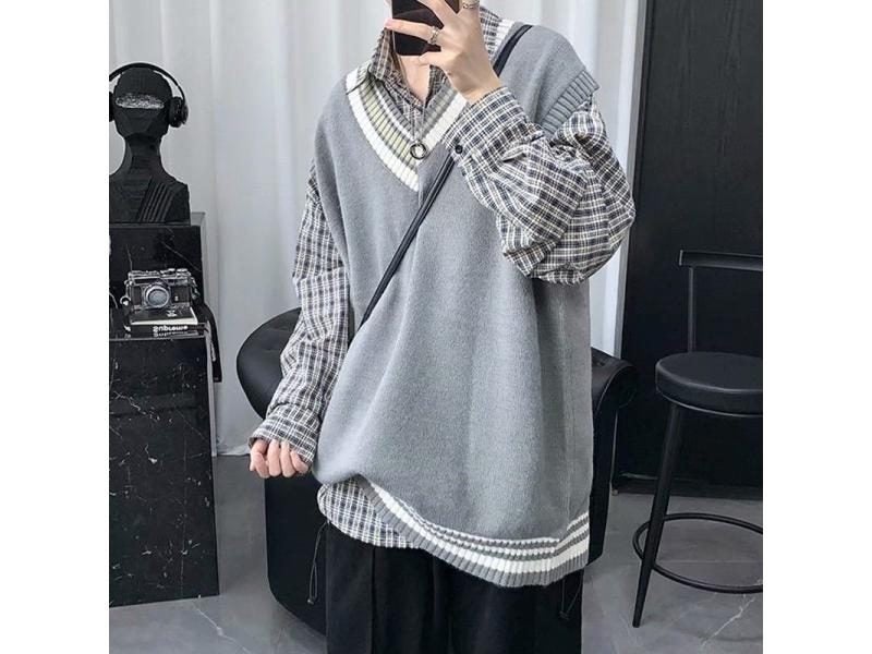 College Men's Couples Patchwork V-neck Sleeveless Knit Sweater Jumpers For Carousel 1