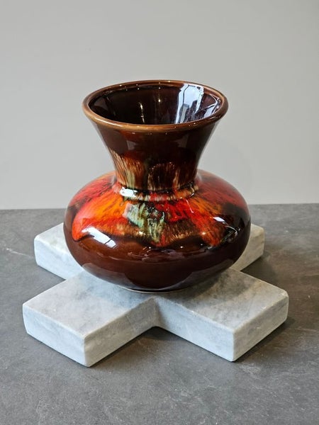 Groovy Baby. Mid Century Drip Glaze Vase in Deep Brown with Reds, Orange & Green62863872877826118