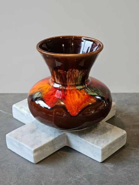 Groovy Baby. Mid Century Drip Glaze Vase in Deep Brown with Reds, Orange & Green62863872877826111