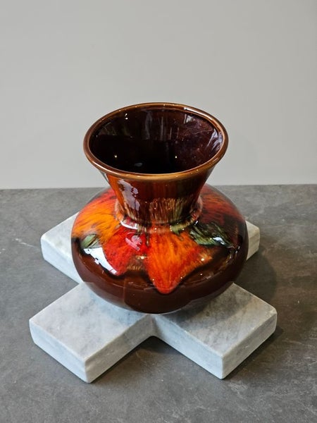 Groovy Baby. Mid Century Drip Glaze Vase in Deep Brown with Reds, Orange & Green62863872877826112