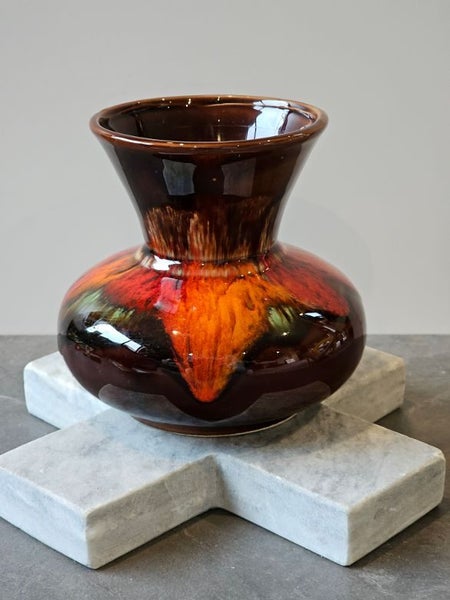 Groovy Baby. Mid Century Drip Glaze Vase in Deep Brown with Reds, Orange & Green62863872877826113