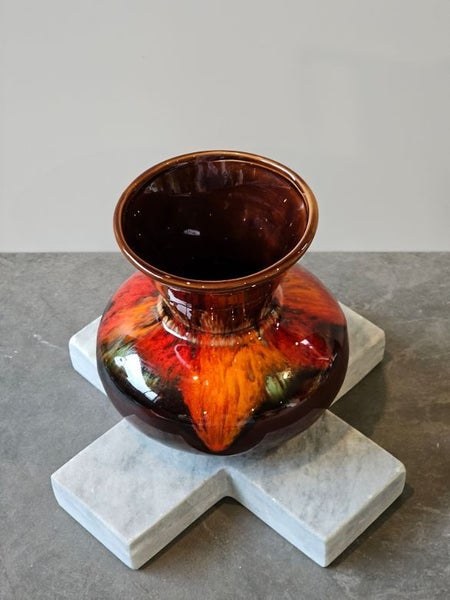 Groovy Baby. Mid Century Drip Glaze Vase in Deep Brown with Reds, Orange & Green62863872877826114