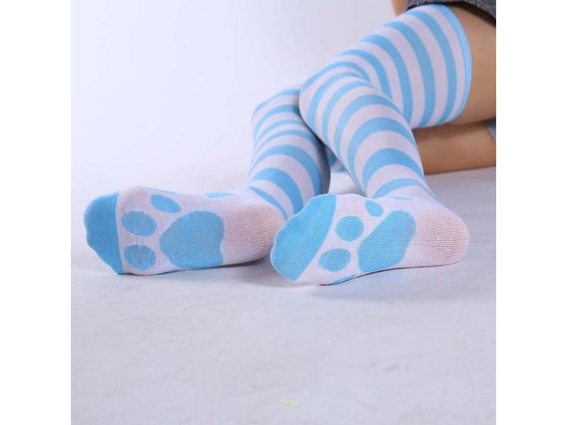 Cosplay High Long Knee Socks Pink Strip Kawaii Cat Paw Print Stockings Women Carousel 1