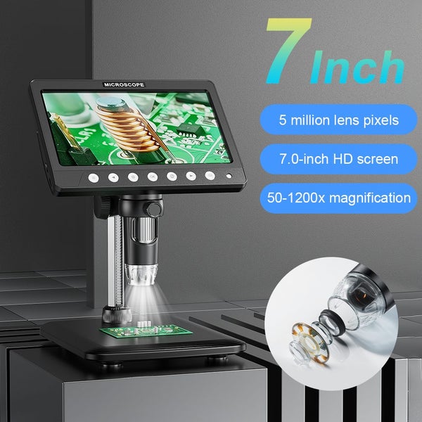 7 Inch IPS Digital Coin Microscope 5MP 50X-1200X Magnifier With Stand Soldering Carousel 1