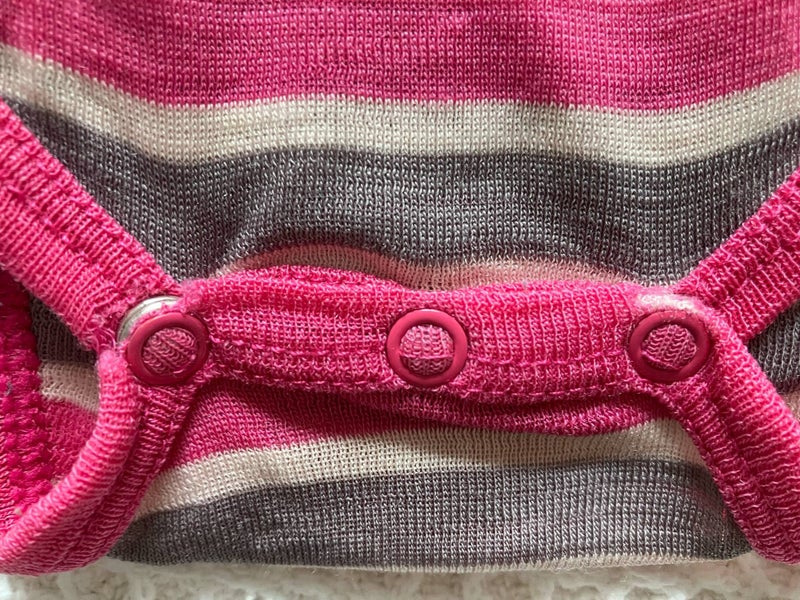 Pink grey & cream long sleeve merino bodysuit by Teeny Weeny, size 0062866852628738112