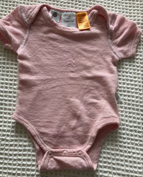 Pink short sleeve merino bodysuit by Superfit, size 00628668526017311120