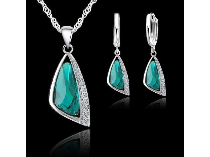 925 Sterling Silver Jewelry Set Geometric Crystal Rhinestone Necklace Earring Carousel 1