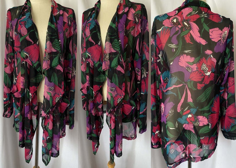 KIWI *CARLY HARRIS* LONG LINE SEMI SHEER FLOWY FLORAL DUSTER (S) Carousel 1