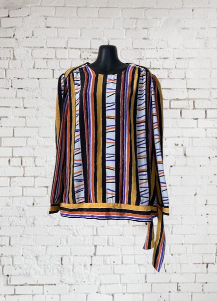 Vintage Maya Blouse – Size 16 – Retro Stripe, Waist Tie, Bold Colours64377159583873110