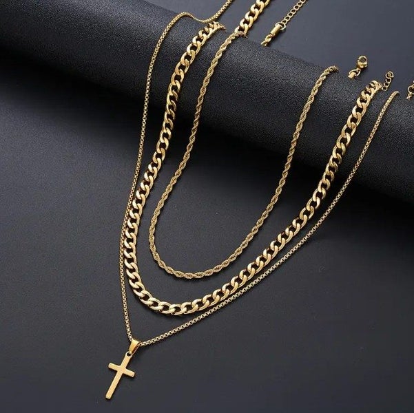 Men's Titanium Steel Cross Necklace Stack with 18k Gold Detailing Carousel 1