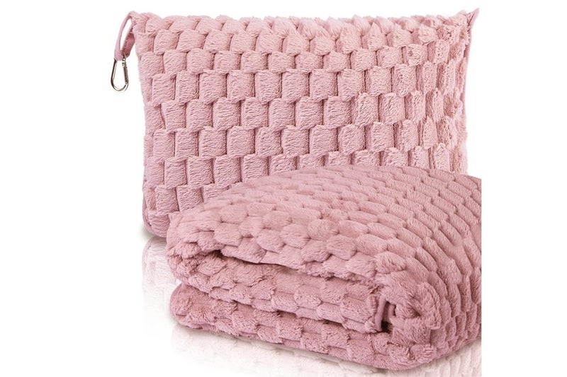 2 in 1 Jacquard Travel Pillow Blanket Packable Travel Blanket for Airplane-Pink Carousel 1