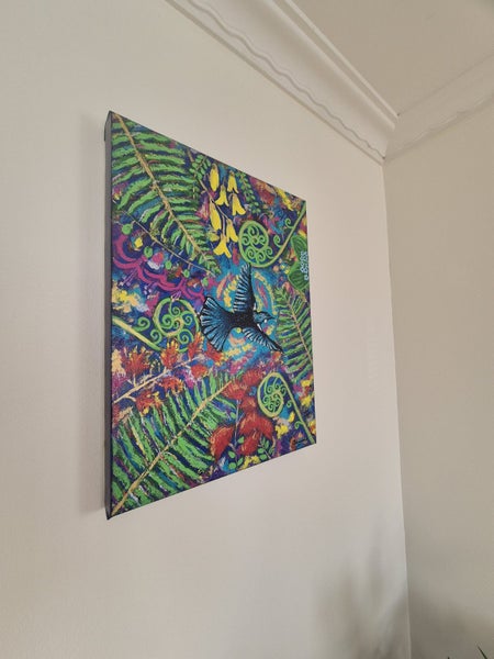 New Zealand Tui & flowers abstract acrylic painting62854318355713113