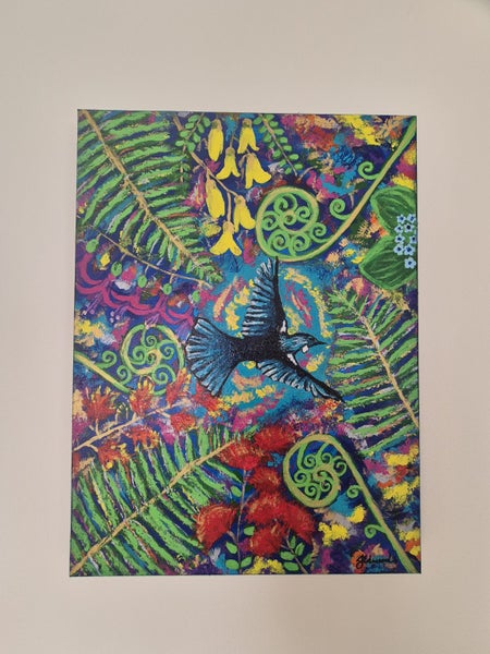 New Zealand Tui & flowers abstract acrylic painting628543183557131110