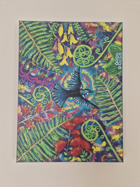 New Zealand Tui & flowers abstract acrylic painting62854318355713114