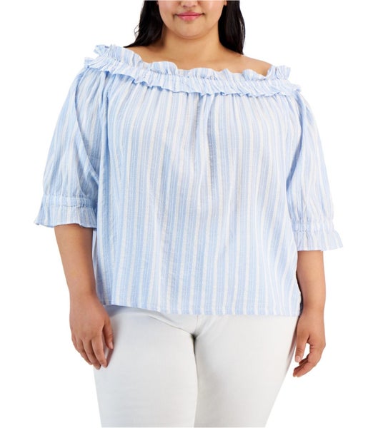 Tommy Hilfiger Womens Ruffle Trim Peasant Blouse Carousel 1