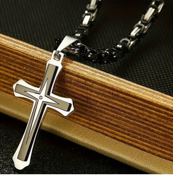 Cross, Black with Silver Trim, and Chain. Carousel 3