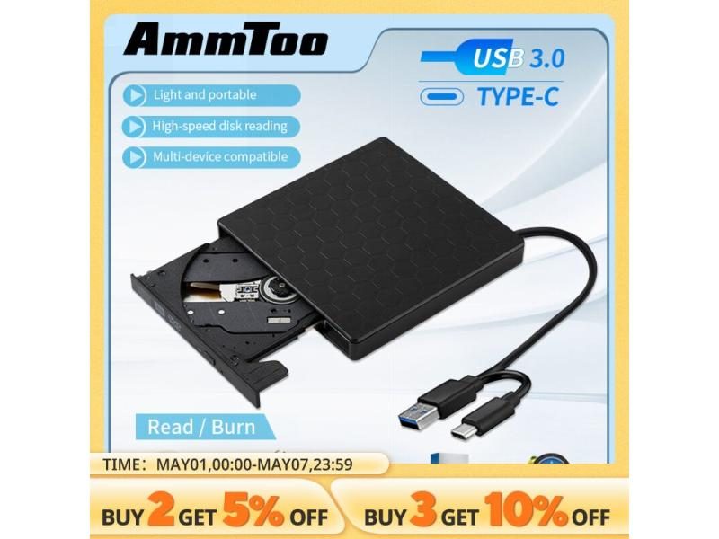 AMMTOO External DVD Drive USB 3.0 Portable /-RW Player For CD ROM Burner Carousel 1