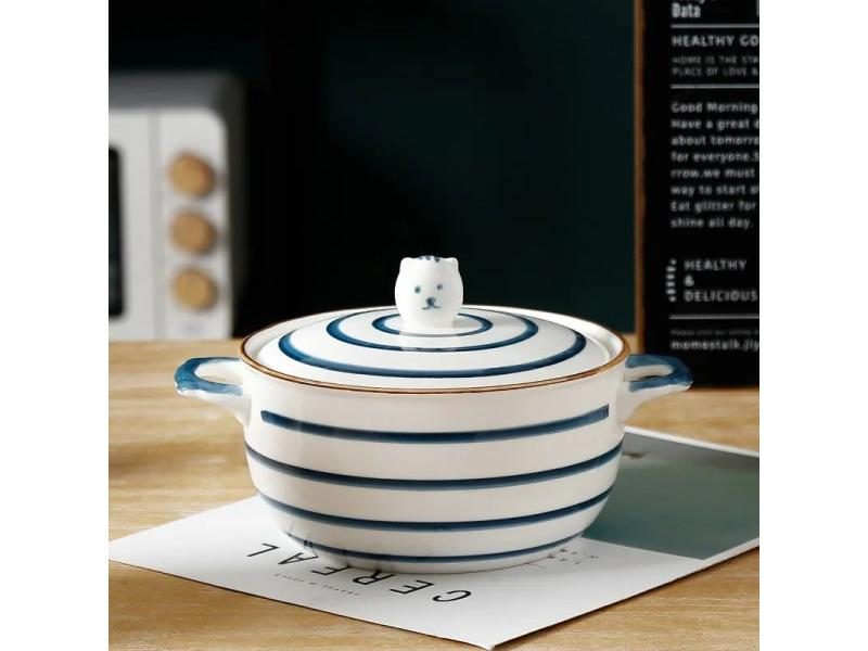 Ceramic Instant Noodle Bowl With Lid Japanese Binaural 6-Inch Salad Bowl Carousel 1