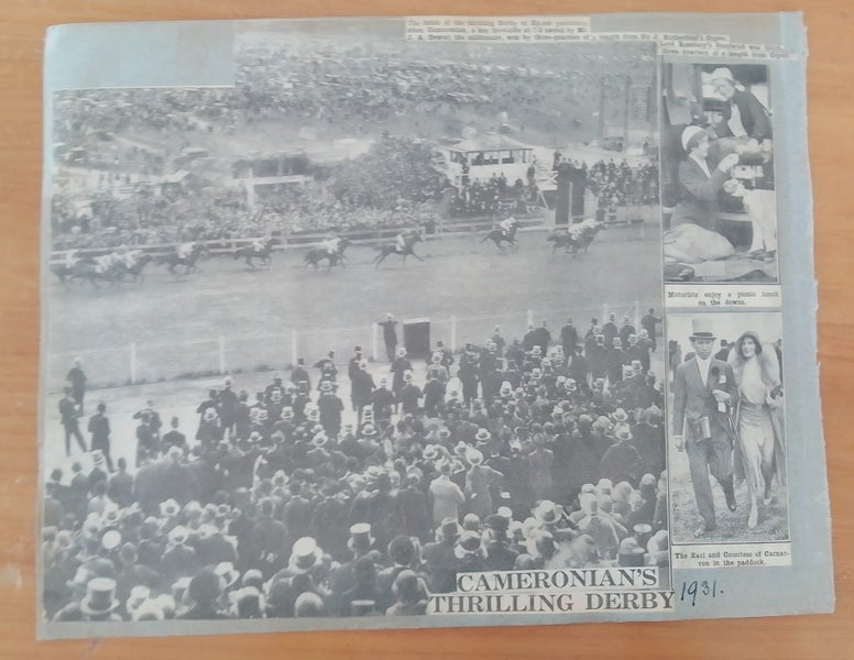 Scrapbook pages of pictures of 1931Derby horse race in England. Carousel 3