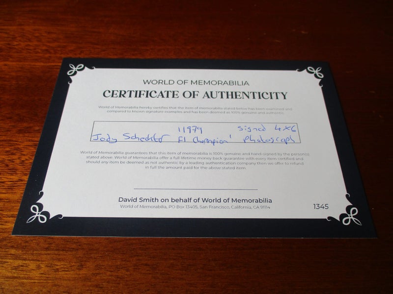 Jody Scheckter "1979 Formula One Champion" signed photograph + Certificate Carousel 5
