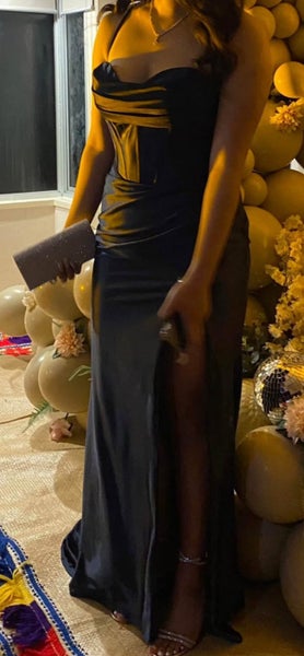 Stunning Navy Satin Corset Dress – Flattering Fit + Slit628638477303071118