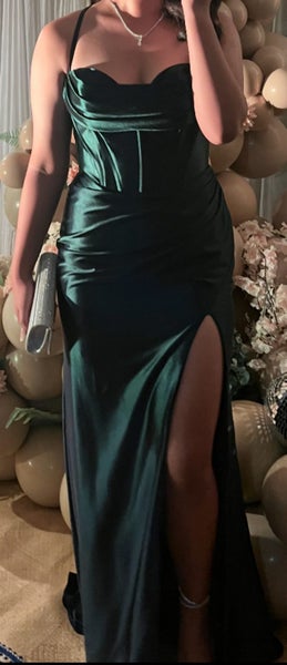 Stunning Navy Satin Corset Dress – Flattering Fit + Slit62863847730307111