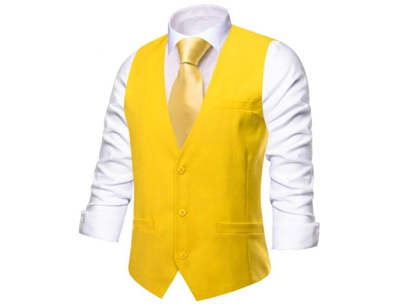 New Light Yellow Men Vest Wedding Solid Waistcoat Neck Tie Hanky Cufflinks Set Carousel 2