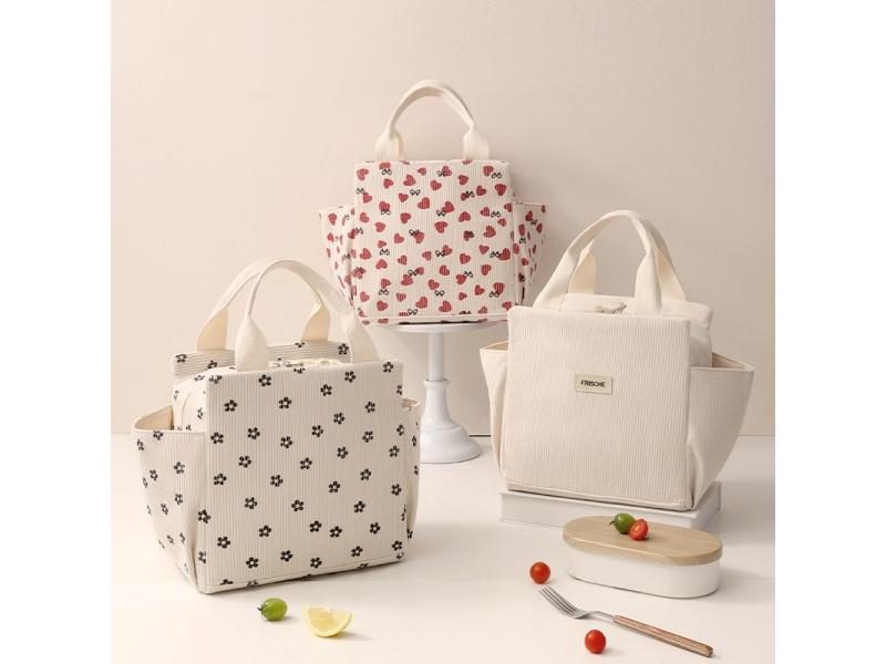 Corduroy Lunch Bag Thermal Insulation Lunch Box Storage Handbag Multifunctional Carousel 2