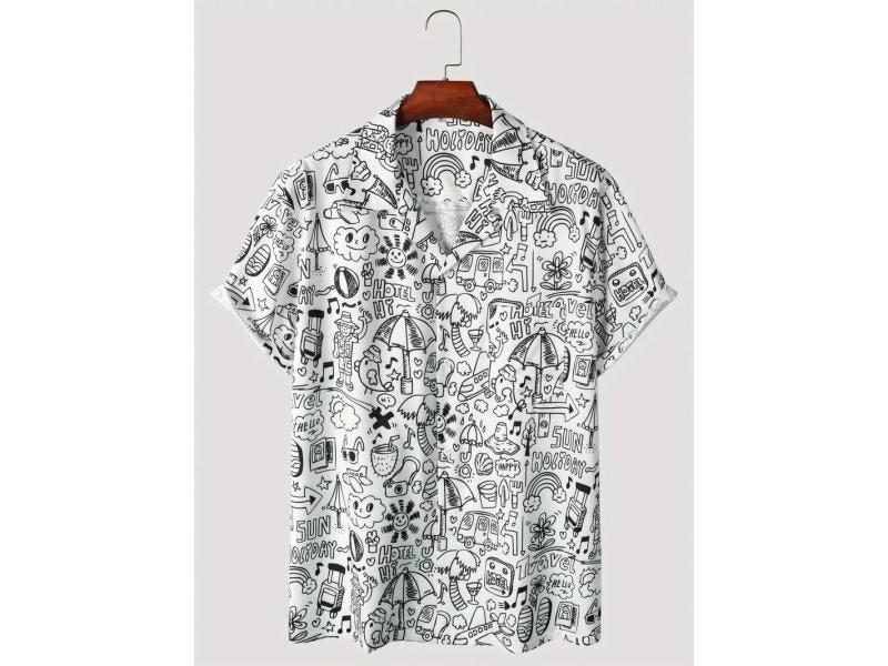 Men's Shirt Tops Cute Graffiti Print Lapel Bowling Shirt Short Sleeve Casual Carousel 1