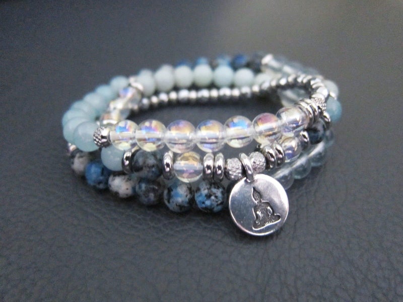 54 Bead Mala Bracelet (Necklace) in Blue Topaz, Aura Quartz, K2 and Aquamarine Carousel 1
