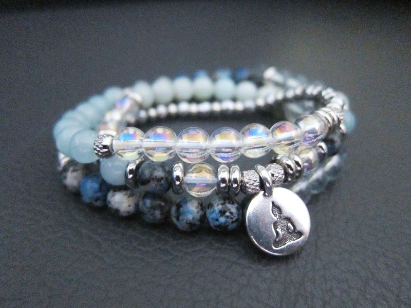 54 Bead Mala Bracelet (Necklace) in Blue Topaz, Aura Quartz, K2 and Aquamarine Carousel 3