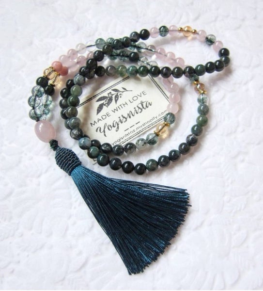 SALE - 108 Bead Mala in Pink and Phantom Quartz w/ Emerald Green Bee Cap Tass... Carousel 1