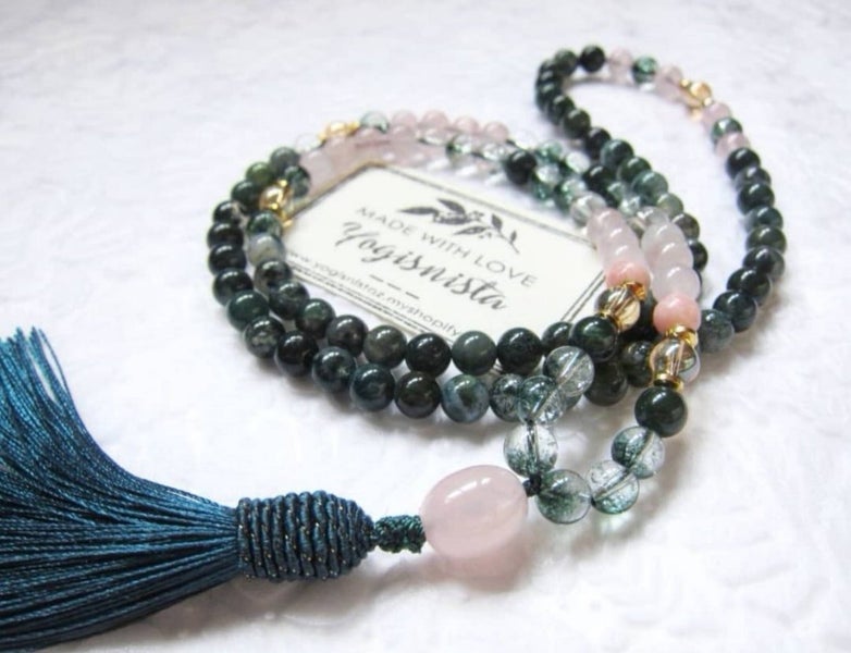SALE - 108 Bead Mala in Pink and Phantom Quartz w/ Emerald Green Bee Cap Tass... Carousel 9