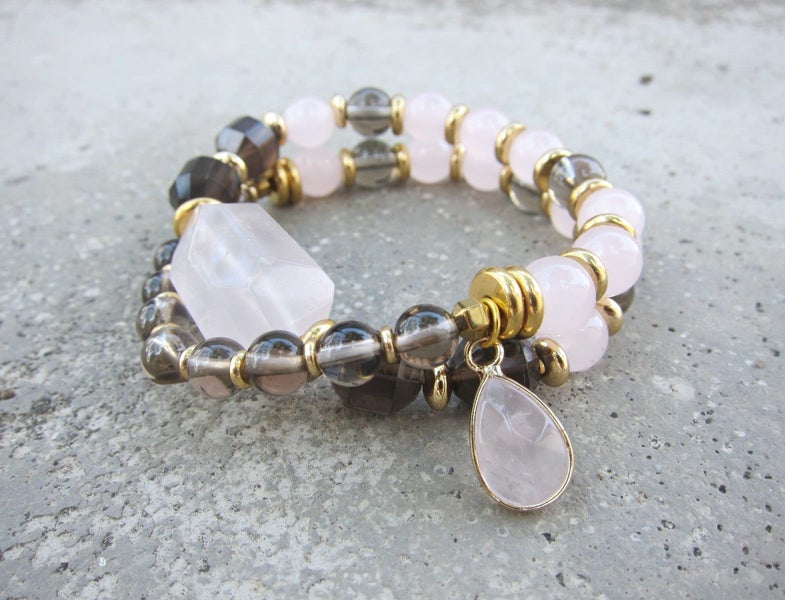 Love, Fertility, Balance, Grounding - Rose Quartz, Smoky Quartz Mala Bracelet... Carousel 1