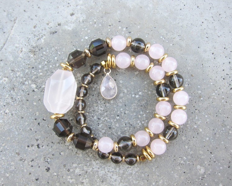 Love, Fertility, Balance, Grounding - Rose Quartz, Smoky Quartz Mala Bracelet... Carousel 2