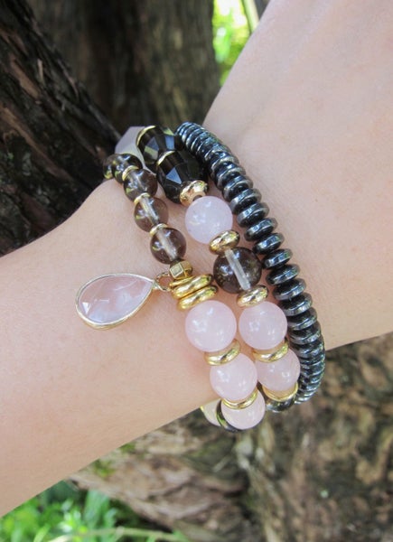 Love, Fertility, Balance, Grounding - Rose Quartz, Smoky Quartz Mala Bracelet... Carousel 11