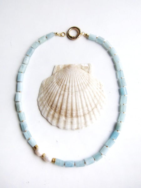 Aquamarine, Apatite and Mother Of Pearl Necklace in 18K findings Carousel 2