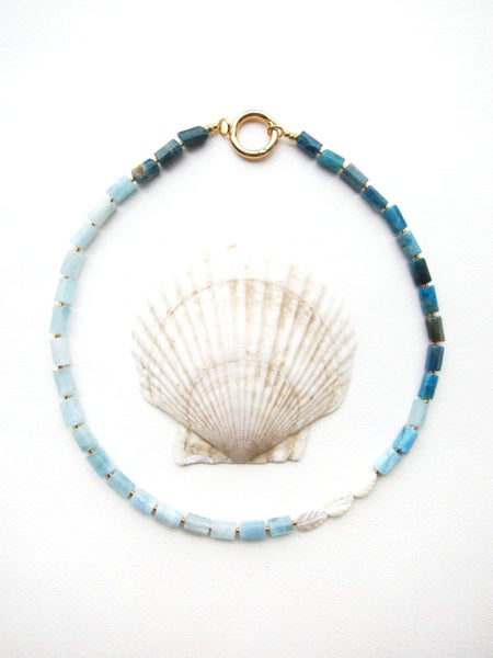 Aquamarine, Apatite and Mother Of Pearl Necklace in 18K findings Carousel 1