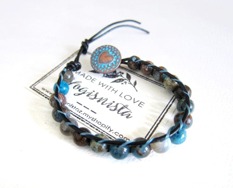 Aqua Blue Mix Jasper Single Beaded Wrap Bracelet Carousel 7