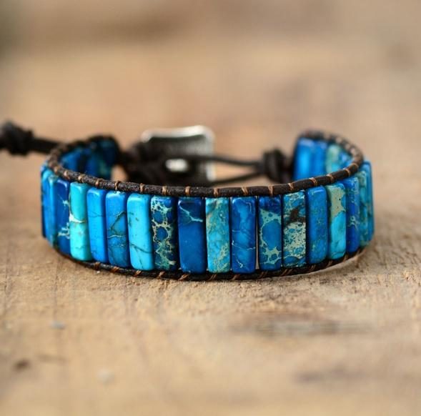 Blue Jasper Tubestone Leather Wrap Bracelet Carousel 1