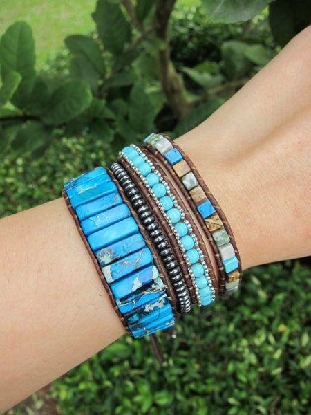 Blue Jasper Tubestone Leather Wrap Bracelet Carousel 6
