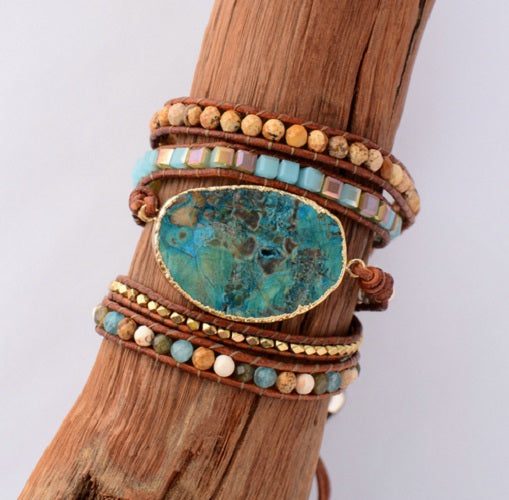 Azurea Gold Gilded Stone Beaded Leather Wrap Bracelet Carousel 2