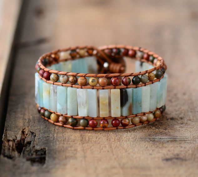 Amazonite Leather 3X Row Cuff Bracelet Carousel 2