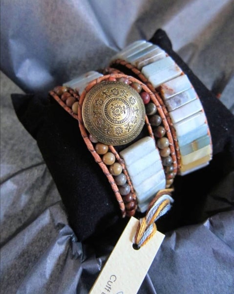 Amazonite Leather 3X Row Cuff Bracelet Carousel 6