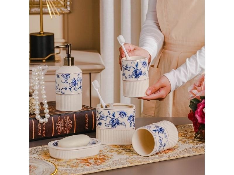 5-Piece Ceramic Bathroom Toiletries Set Lotion Dispenser Soap Tray Mouthwash Carousel 1